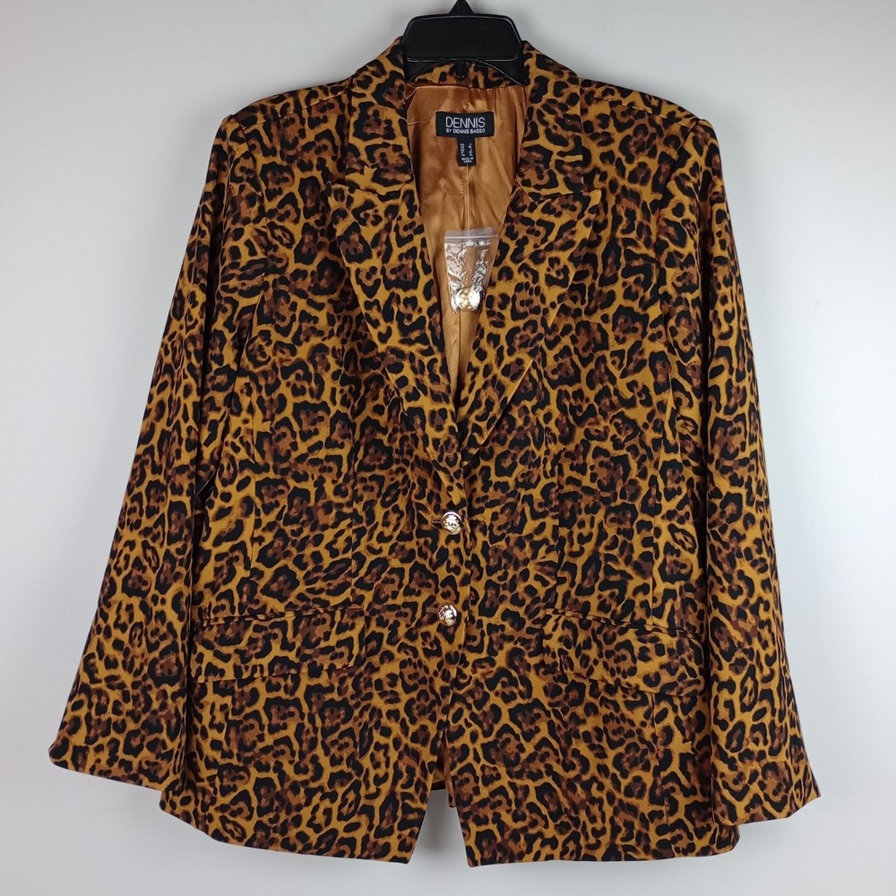 NWOT Dennis by Dennis Basso Womens L Brown Leopard Print Button Up Career Blazer